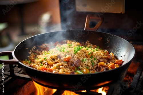 preparing fried rice in a sizzling wok