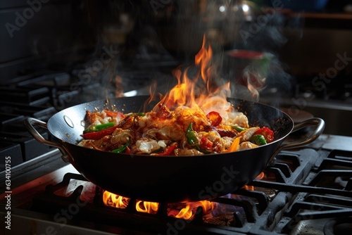 wok on a gas stove with flames, showcasing the heat