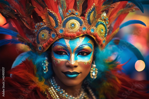 colorful and bright Brazilian carnival illustration. Portrait of a participant against a blurred background