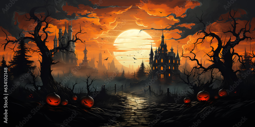 Old Wooden Haunted house with pumpkins in spooky dark forest. Full moon. Halloween concept