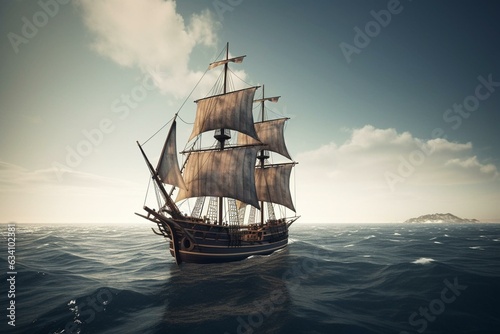 Vintage, aged pirate ship with torn sails navigating the sea. Adventure concept. 3D rendering. Generative AI