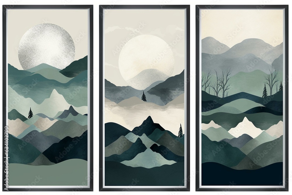 Modern mountainous landscapes in green, navy, and gray. Available as posters. Generative AI