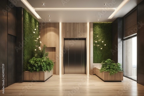 Contemporary lobby with elevator  reception  greenery  wood floors. 3D render of hotel workplace. Keywords  modern  office  interior  design  plant  wood  reception  elevator . Generative AI