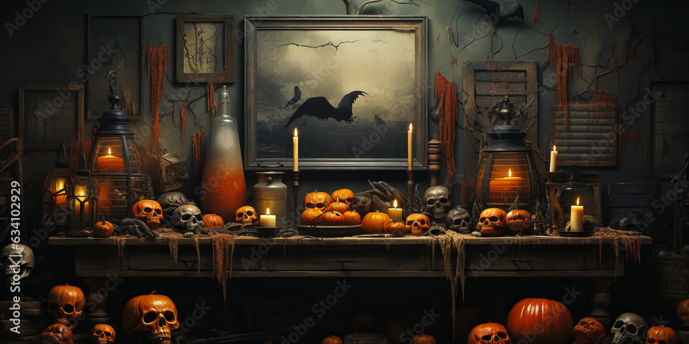 Obraz premium ancient gothic fireplace of scary laughing pumpkins and old skulls. Halloween, witchcraft and magic