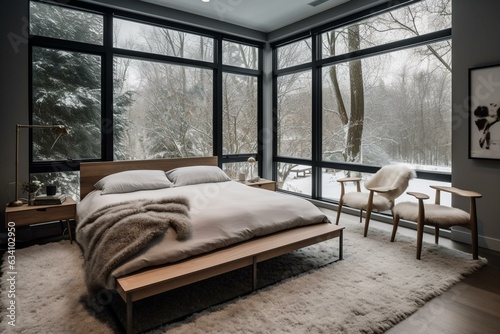 Cozy mid-century modern bedroom with wintery view. Generative AI
