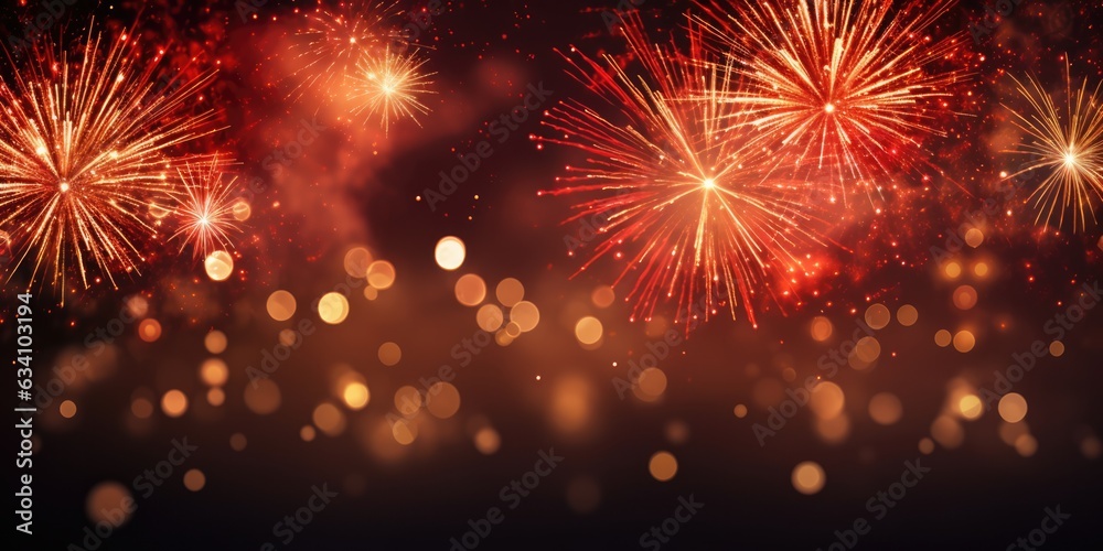 Abstract background new year, cheering crowd and red and gold fireworks and celebrating holiday, copy space, generative ai Abstract background new year, cheering crowd and red and gold fireworks and celebrating holiday, copy space, generative ai