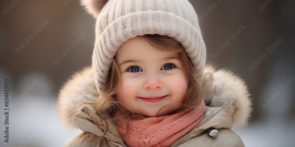 Cute little baby girl smiling wearing woolen cap and scarf and winter clothes with snow day in winter. Playing outside on Christmas holiday, generative ai