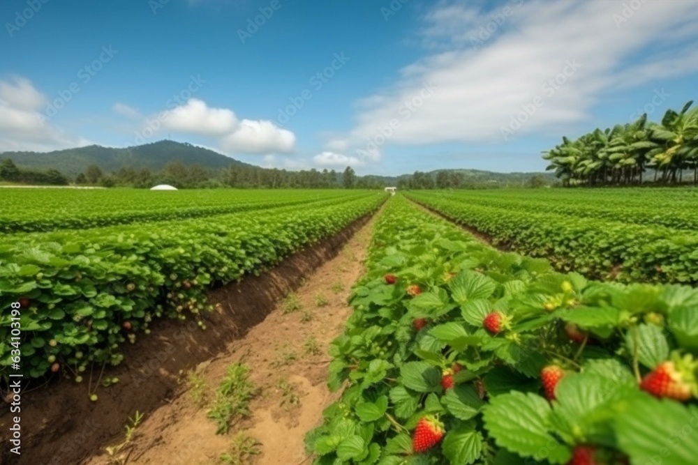Ripe strawberries on lavish plantation with natural scenery. Generative AI