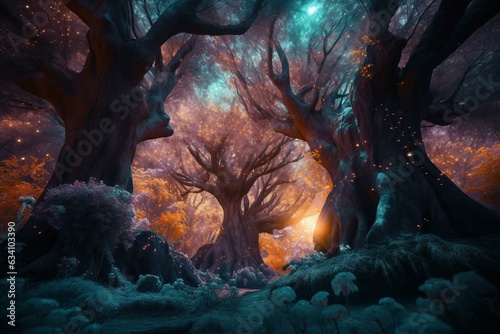 Fantastical scenery of otherworldly trees with surreal illumination. Generative AI