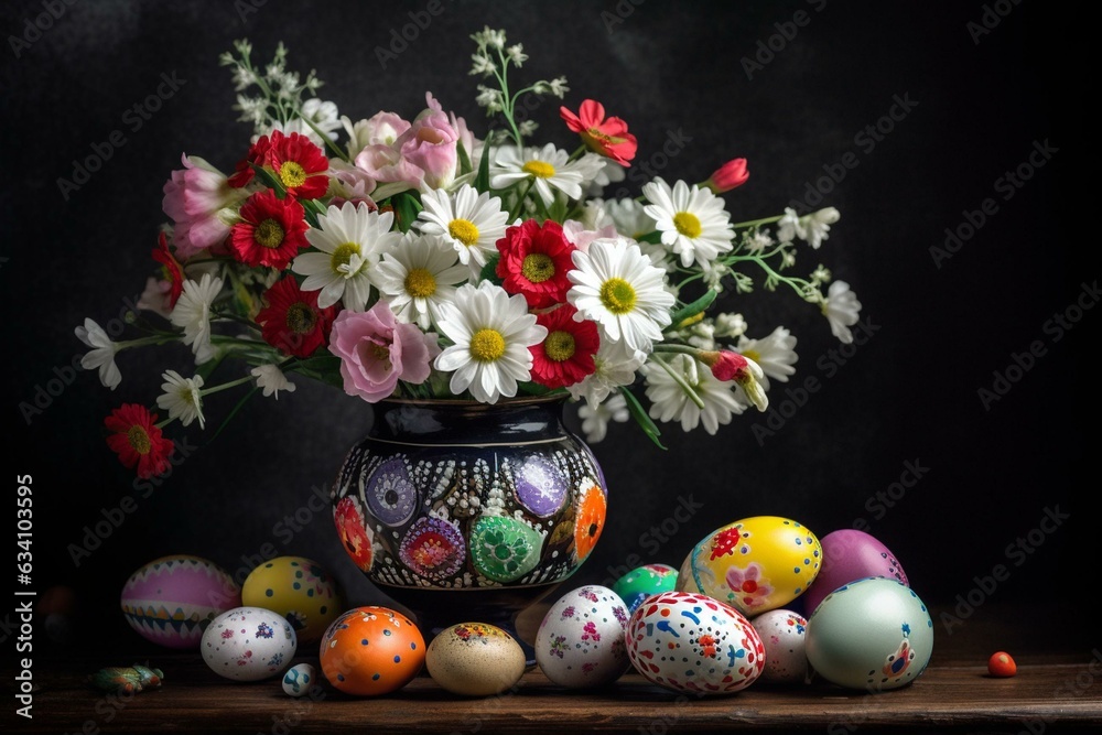 A vase full of colorful flowers next to decorated eggs. Generative AI