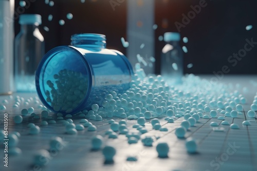 3D pills spill from bottle on medical background with network and healthcare concept. Generative AI