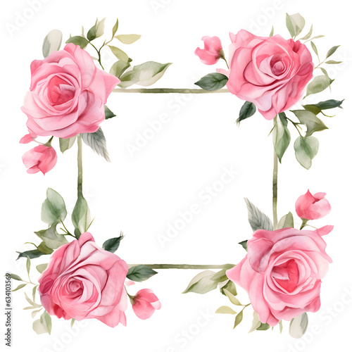 Elegant Wedding Watercolor Pink Roses Bouquet Frame Border Isolated on Transparent Background with Generative Ai