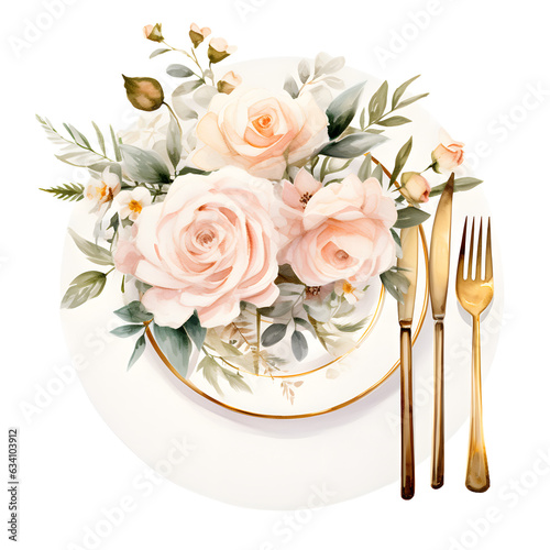 Beautiful Top View Pink and White Table Setting for Wedding Party Valentines Day with Fancy Pink Rose Flower Boutique Tableware Isolated on Transparent Background with Generative Ai