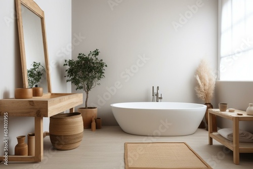 Minimalist Japandi farmhouse bathroom with white and bleached tones  freestanding bathtub  and wooden washbasin. Generative AI