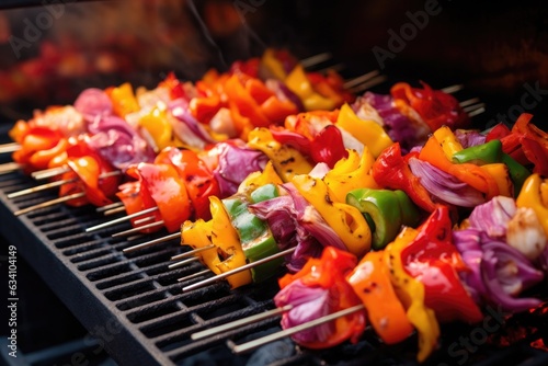 skewers of colorful vegetables on hot grill