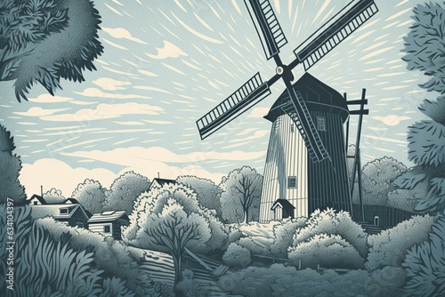 A charming linocut illlustration of a windmill in soft blue tones. Generative AI photo