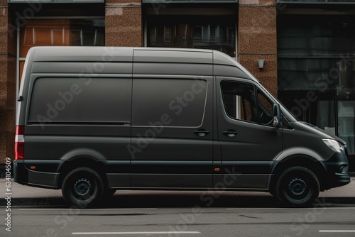Dark grey cargo van on city street, side view. Generative AI