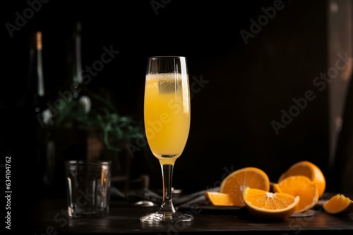 A drink with mimosa  cocktail  champagne  orange juice  orange in a glass. Generative AI