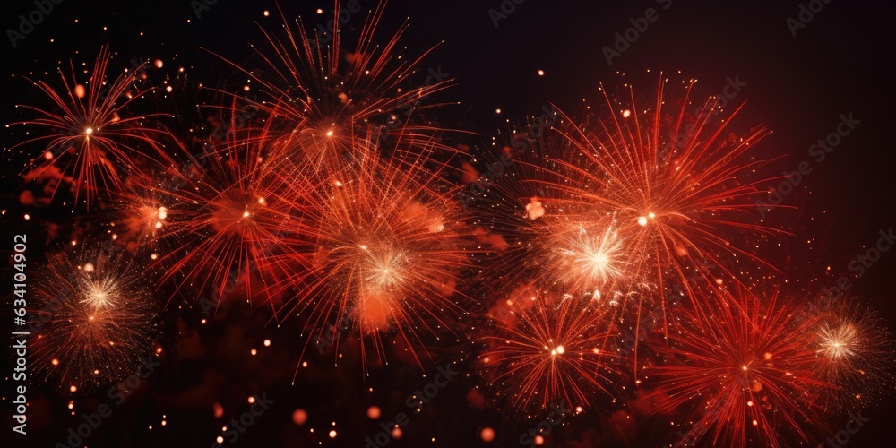 Abstract background new year, cheering crowd and red and gold fireworks and celebrating holiday, copy space, generative ai