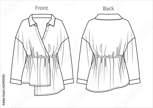 Vector drop shoulder blouse with elasticized waistband fashion CAD, woman long sleeve wrap shirt technical drawing, sketch, template, flat, mock-up. Woven fabric top with front, back view, white color