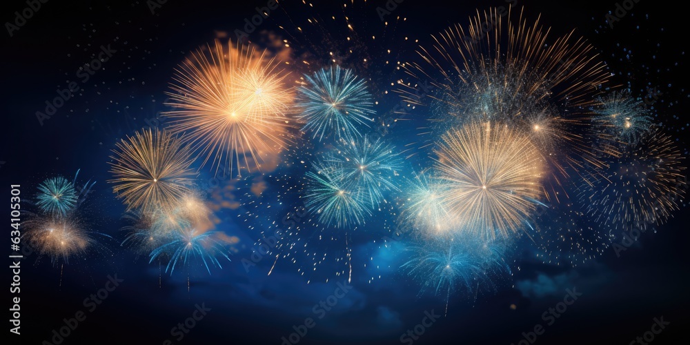 Fototapeta premium Abstract background new year, cheering crowd and blue and gold fireworks and celebrating holiday, copy space, generative ai