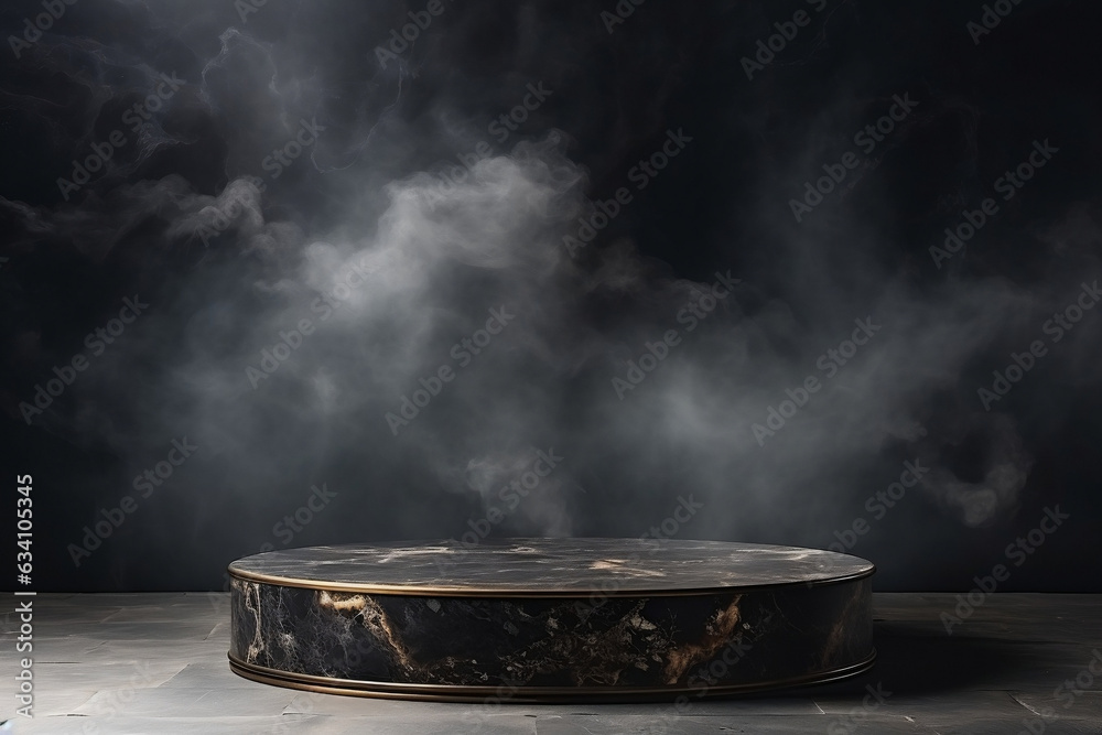 Mysterious black marble podium on dark stone floor enveloped in smoke