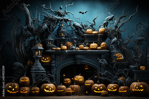 ancient gothic room of scary laughing pumpkins and old skulls. Halloween, witchcraft and magic