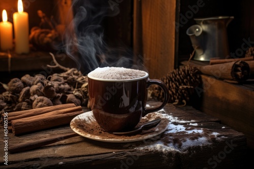 steaming mug of hot chocolate on a rustic table