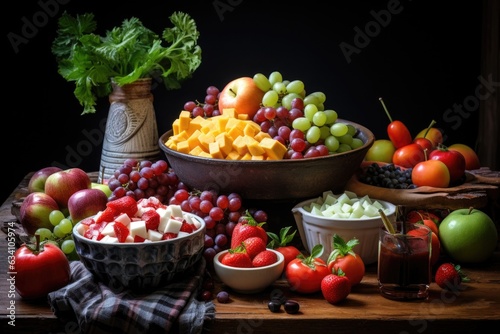 fruit salad ingredients on rustic table