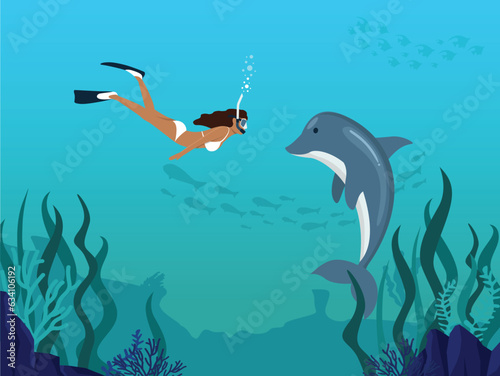Woman diver swimming with wild dolphins in ocean. Free diving underwater concept poster. Girl biologist snorkeling with animals. Flat vector illustration isolated on white background