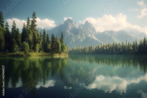 A computer-created picture of a lake and forest on the mountain. Generative AI