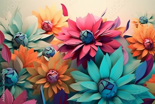 Vibrant flowers on light background. Horizontal graphic for posters  cards  web. 3D art. Generative AI