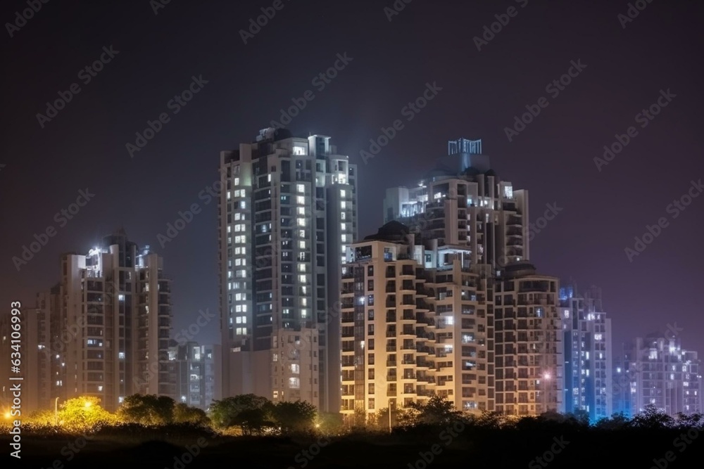 Illuminated tall buildings in Gurgaon Delhi with houses in front at night. Generative AI