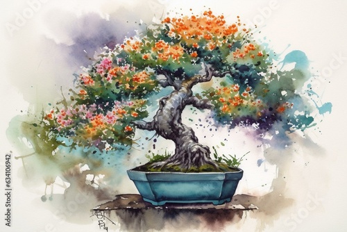 A bright watercolor painting featuring a colorful, flowering bonsai tree. Generative AI
