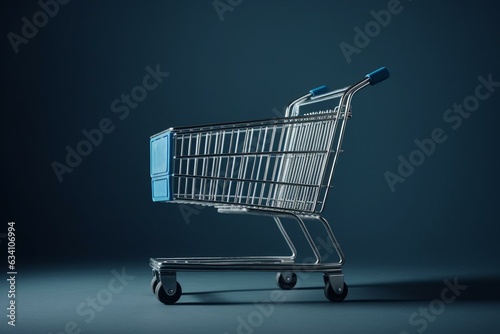 big vacant shopping trolley over blue bg. Generative AI