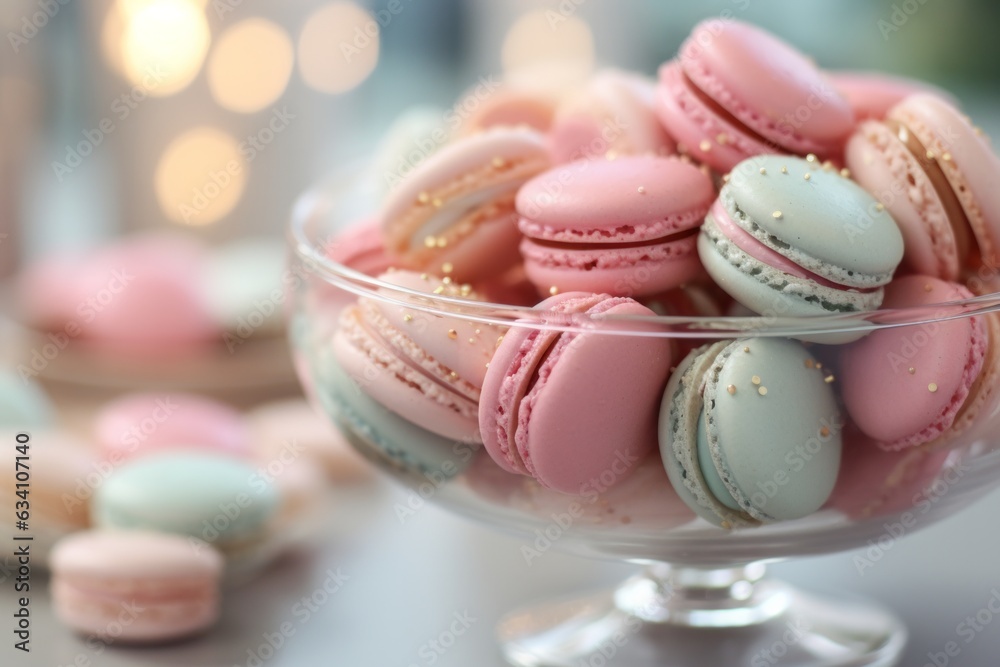 Obraz premium Photo of a colorful assortment of macarons in a glass bowl created with Generative AI technology