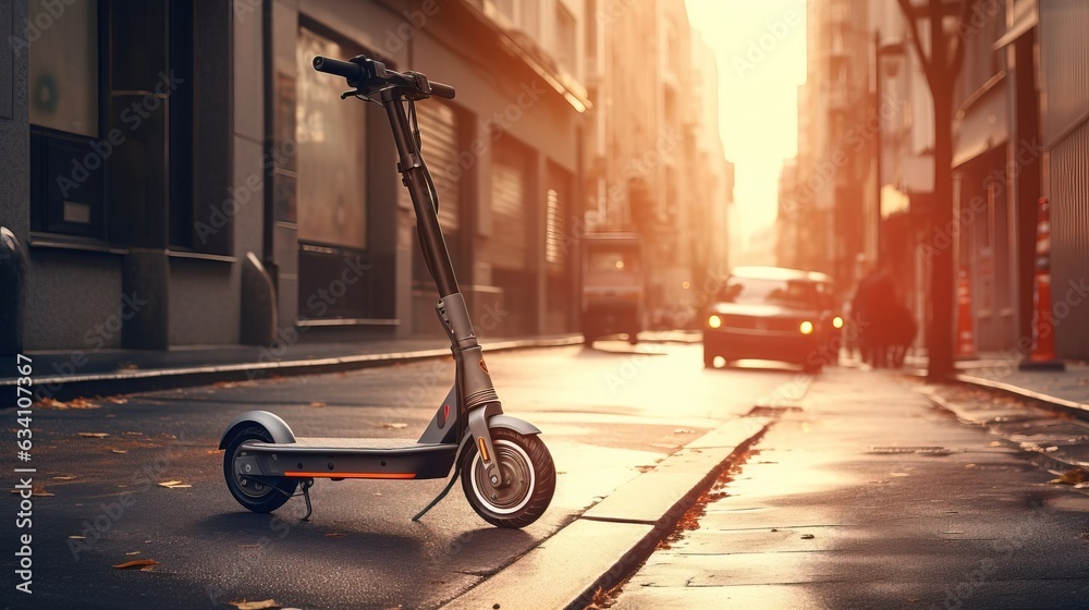 An electronic scooter in an urban environment. Created using Generative AI technology.