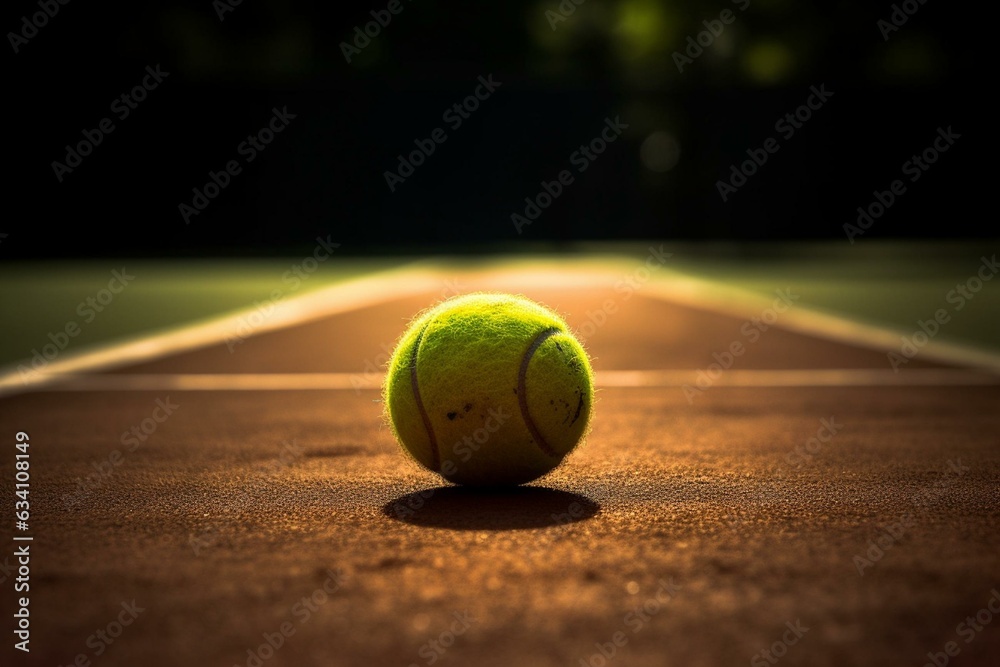 A tennis ball captured in close proximity on a tennis court. Generative AI