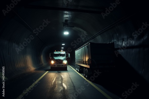 Truck in tunnel with side lights following car. Generative AI