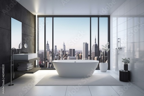 Rendered modern bathroom with brick wall  mosaic floor  poster space  city view   white bath. Generative AI