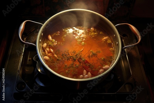 overhead view of boiling pot of soup on stove