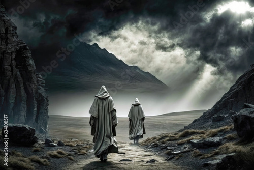 Two mysterious monks in long white cowls walking through impressive valley with mountain range in background (Generative AI) photo