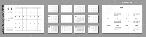 Set of Monthly pages Calendar Planner Templates 2024 with note for wall or desk. Vector layout of calendar with week start Monday for print. Pages for size A4 or 21x29.7 cm
