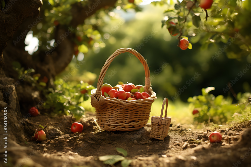 Red apples in basket in autumn garden. Generative AI.
