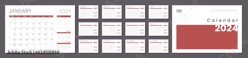 Set of Monthly pages Calendar Planner Templates 2024 with Cover and place for Photo, Logo in grey and red color for print. Vector layout of a wall or desk simple calendar with week start Monday.