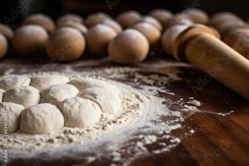 close-up of rolling pin flattening dough balls