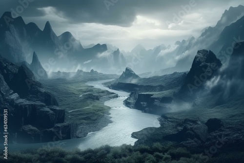 Mysterious landscape with mountains  river  fog  and dramatic clouds. 3D creation. Generative AI