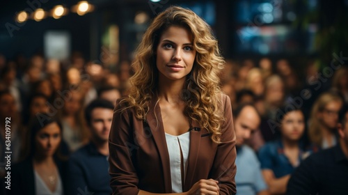 Female speaker giving a talk on corporate business conference. Unrecognizable people in audience at conference hall. Business and Entrepreneurship event © Prosanta