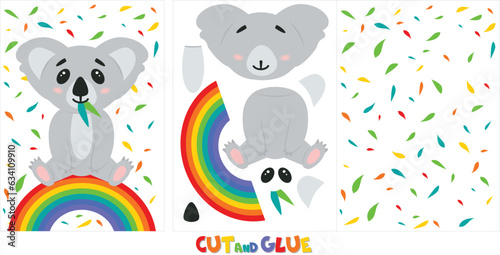 Vector cute koala sitting on colorful rainbow. Printable game for children A4 cut and glue. Australian grey bear. Simple light image on transparent background. Eyes paws nose ears and tummy separately