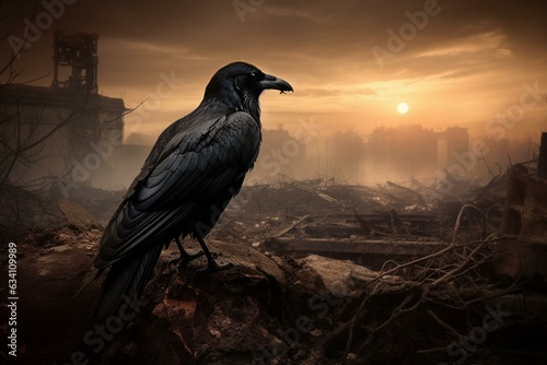 A raven in a post-apocalyptic environmental setting. Generative AI